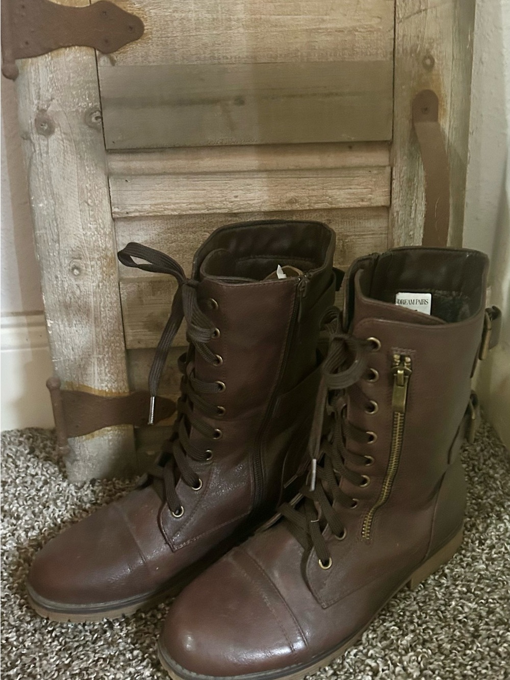 Brown Lace-Up Combat Boots with Side Zip - Women